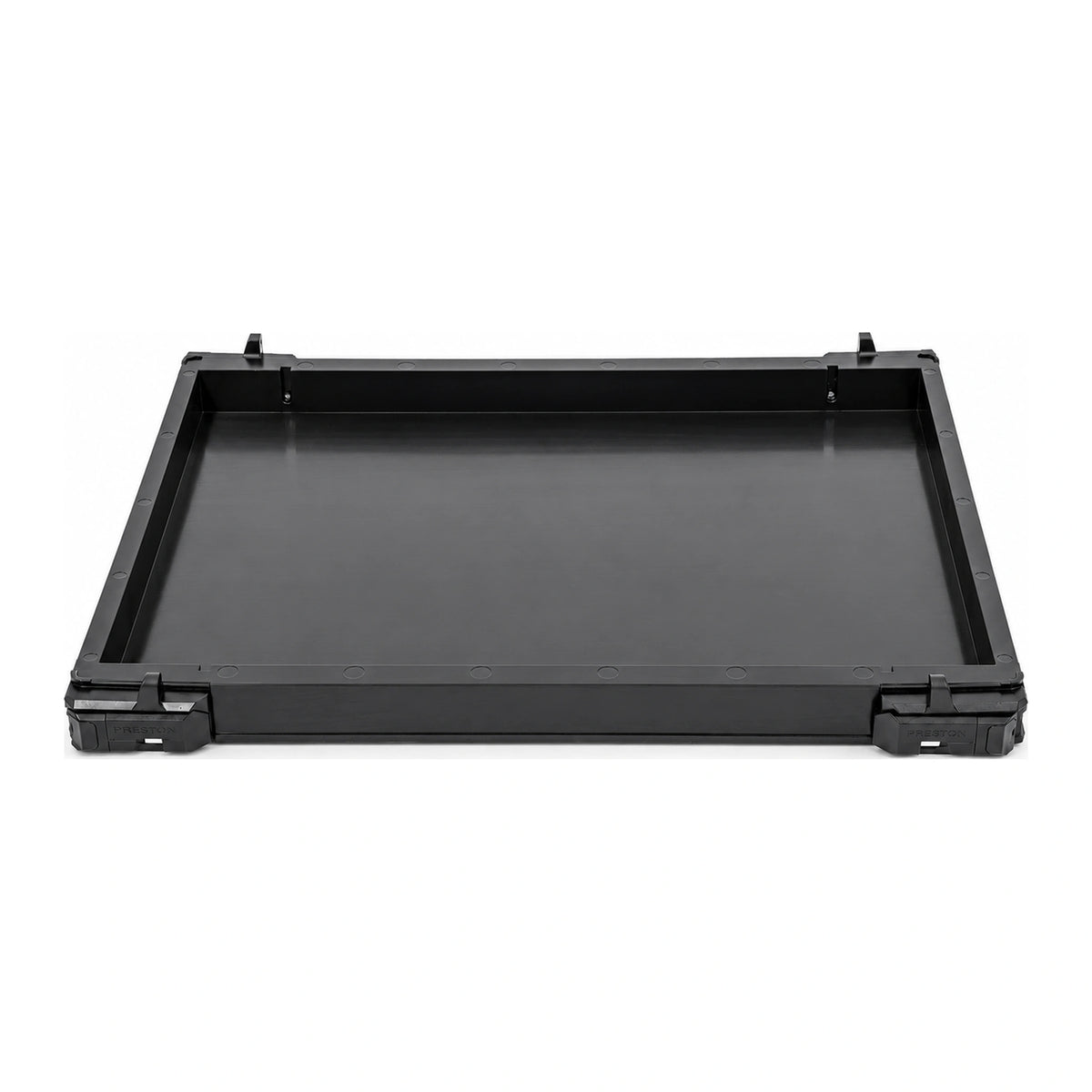 Preston Absolute 5G 27mm Shallow Tray Unit – vooraanzicht van de open ondiepe zitkistlade met twee hoeksluitingen