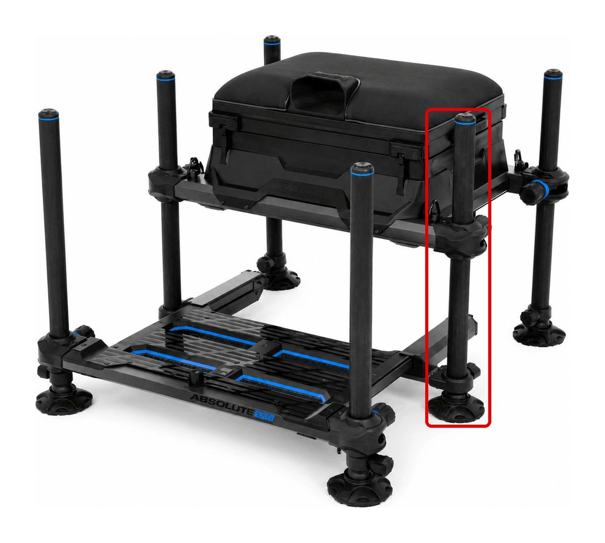 Plaats van de Preston Absolute 5G Cassette Bar Leg P0120032-09, rood omkaderd op de zitkist