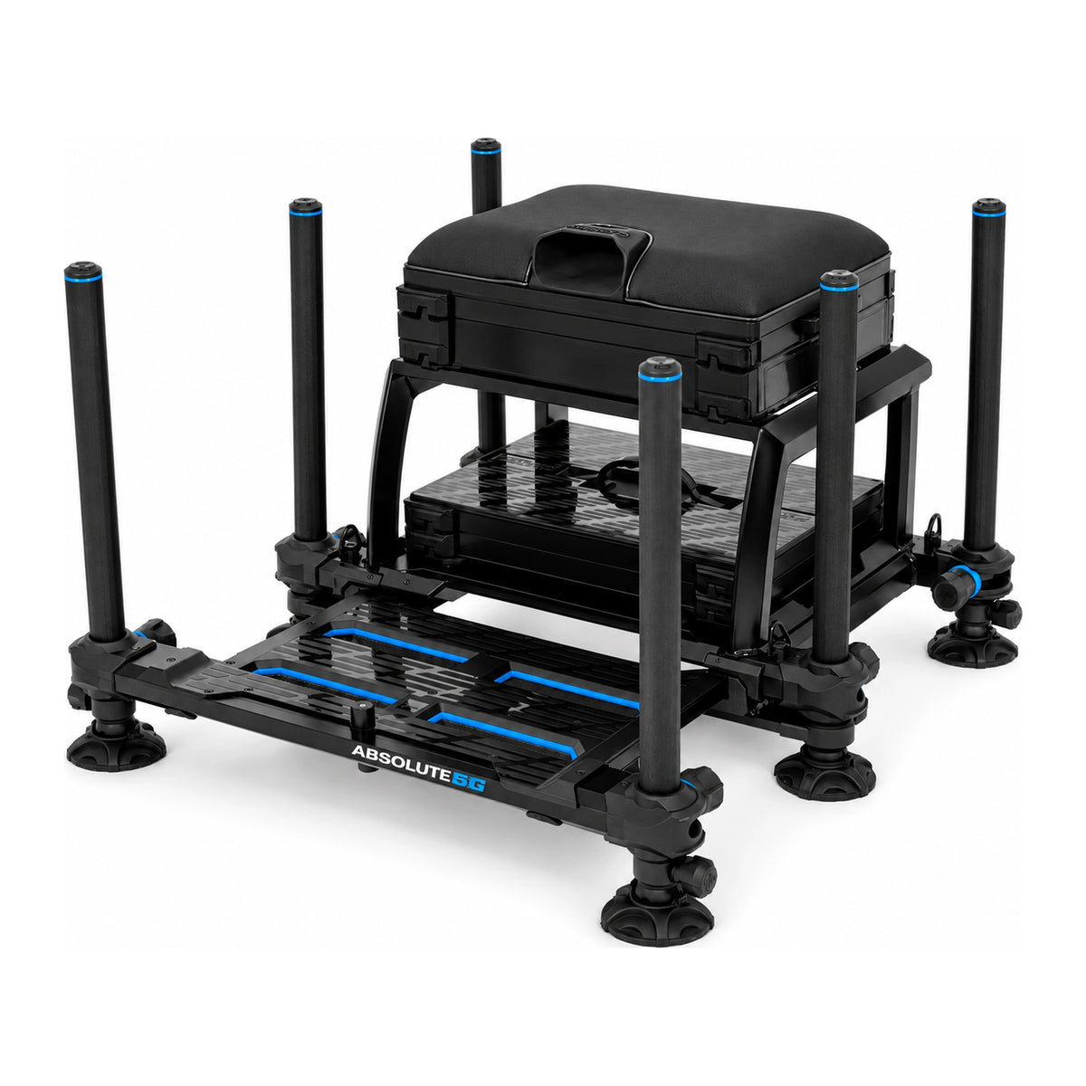 Preston Absolute 5G Station Black Edition – volledige zwarte zitkist met zes poten en blauw afgewerkt voetenplatform