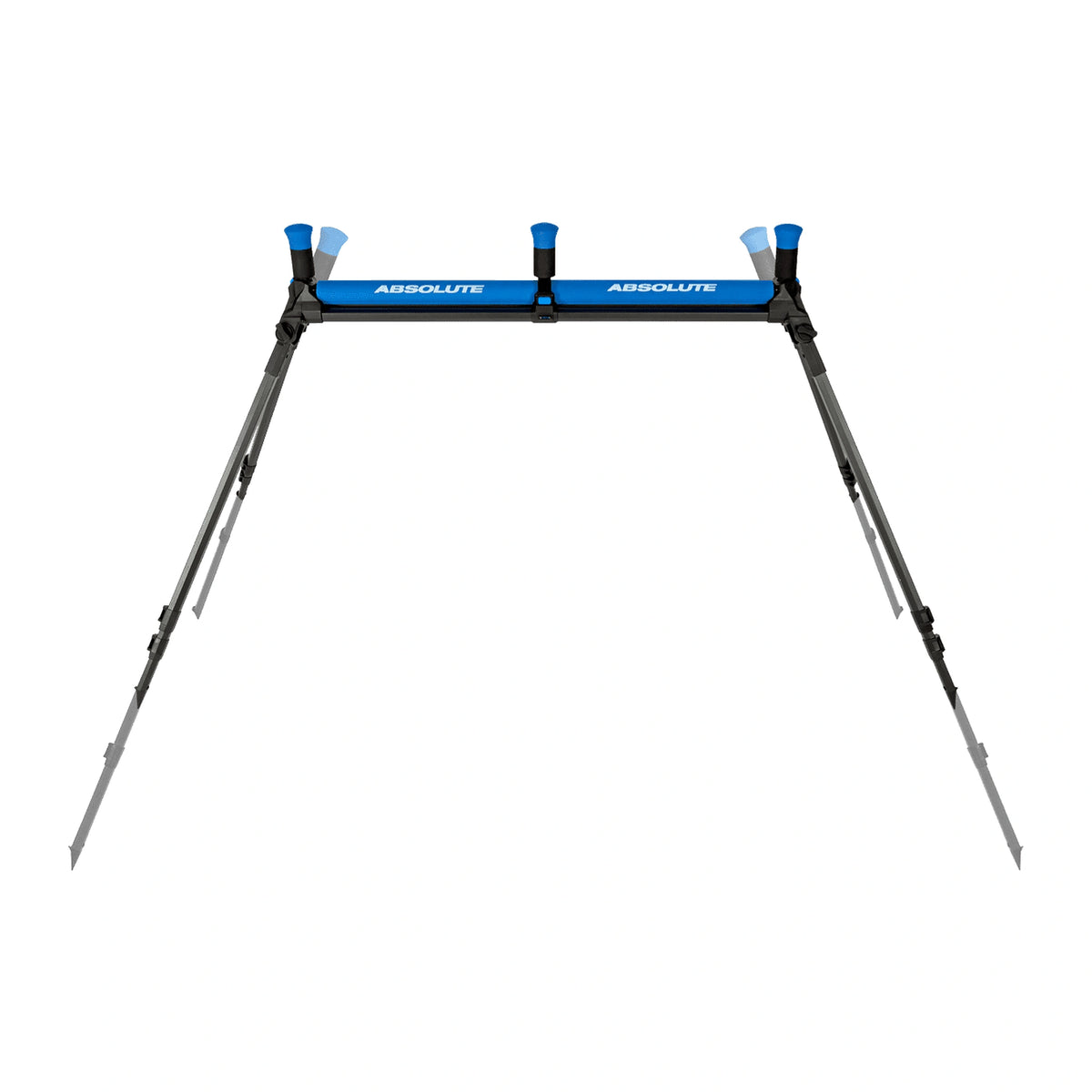 Preston Absolute Pole Roller XL P0250010 – volledig vooraanzicht met blauwe ABSOLUTE-rollen, middensteun en alle uitschuifbare poten