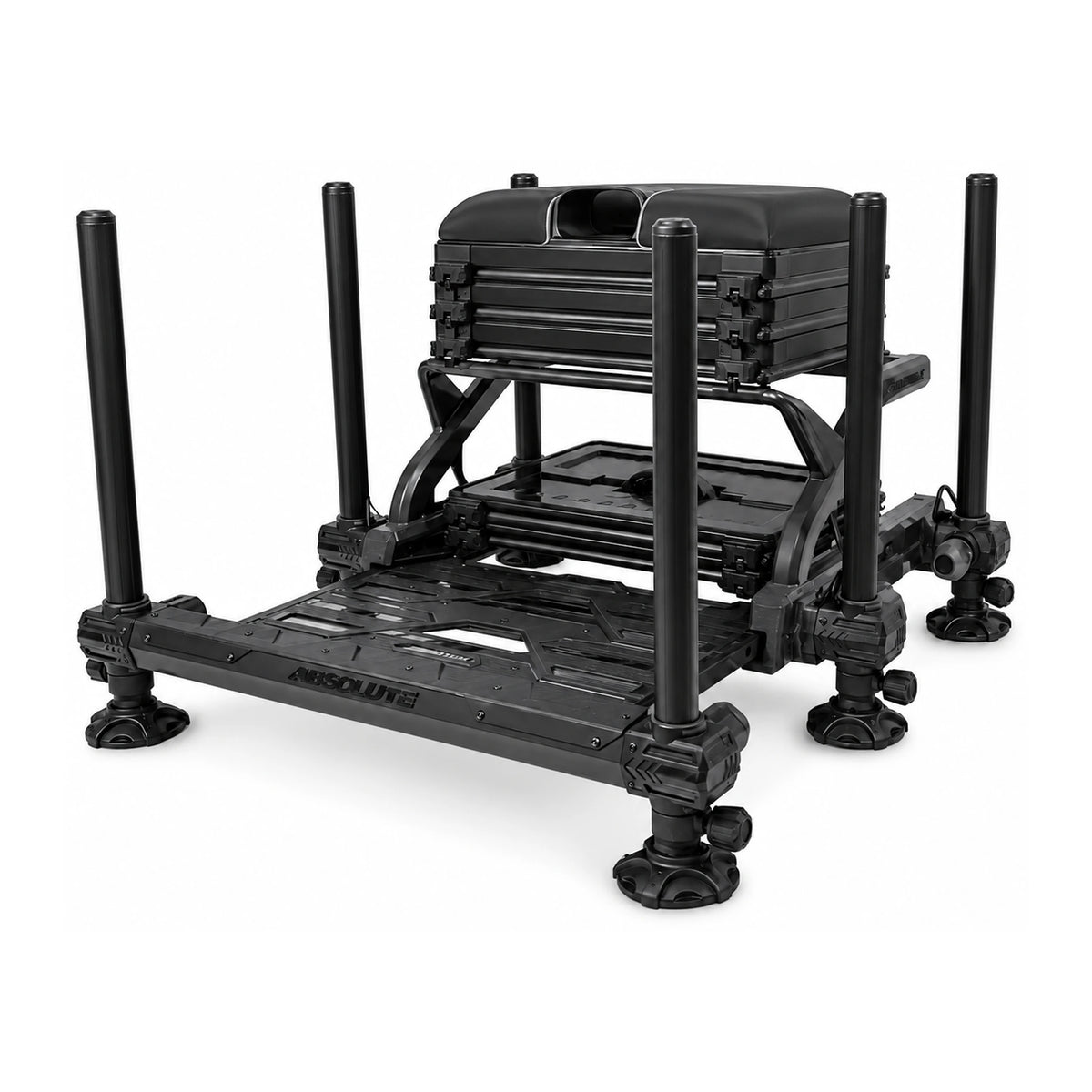 Preston Absolute Station Graphite zitkist met zes poten, zitkussen en voetplateau