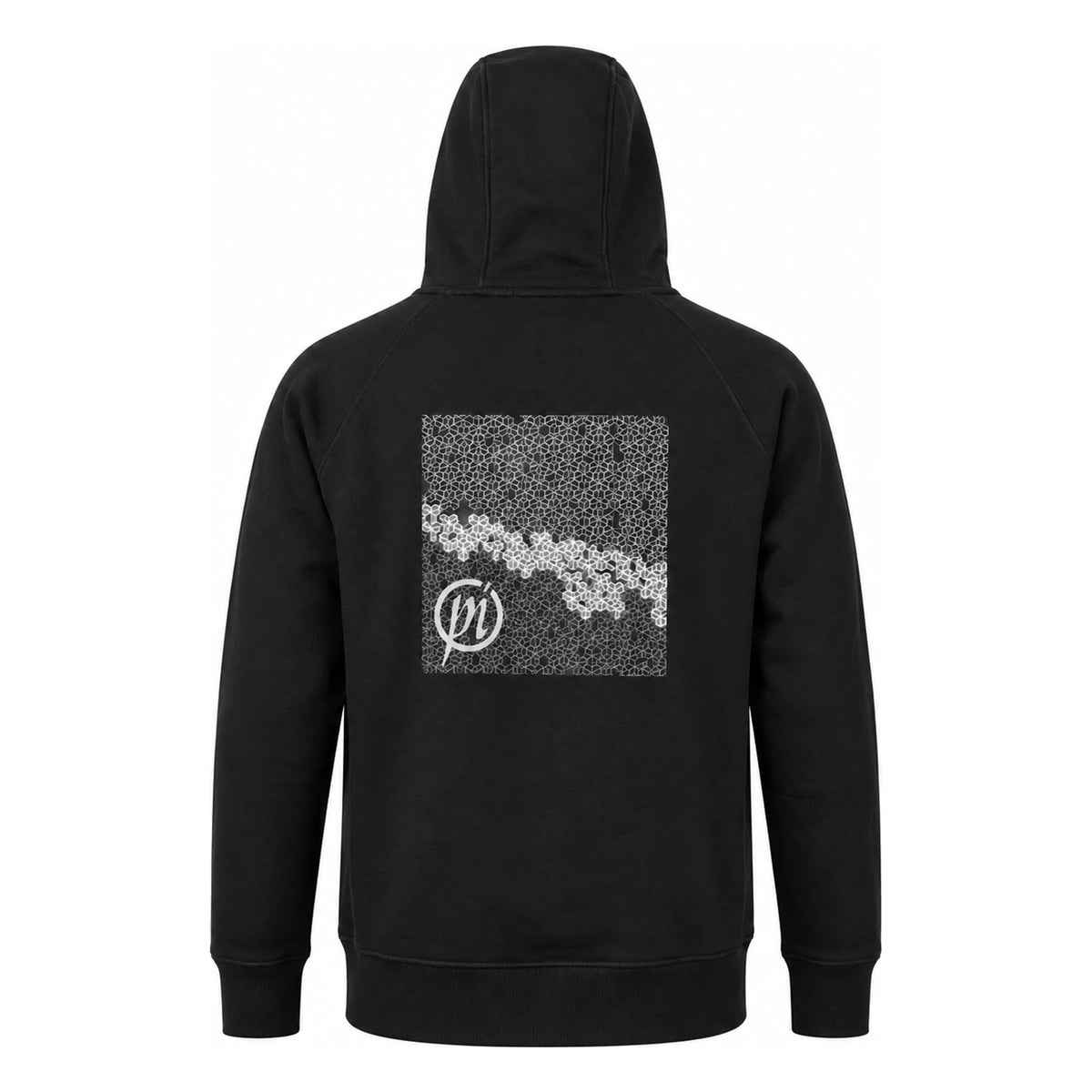 Achterkant van de zwarte Preston Black French Terry Hoodie met capuchon, grijze rugopdruk en Preston-monogram