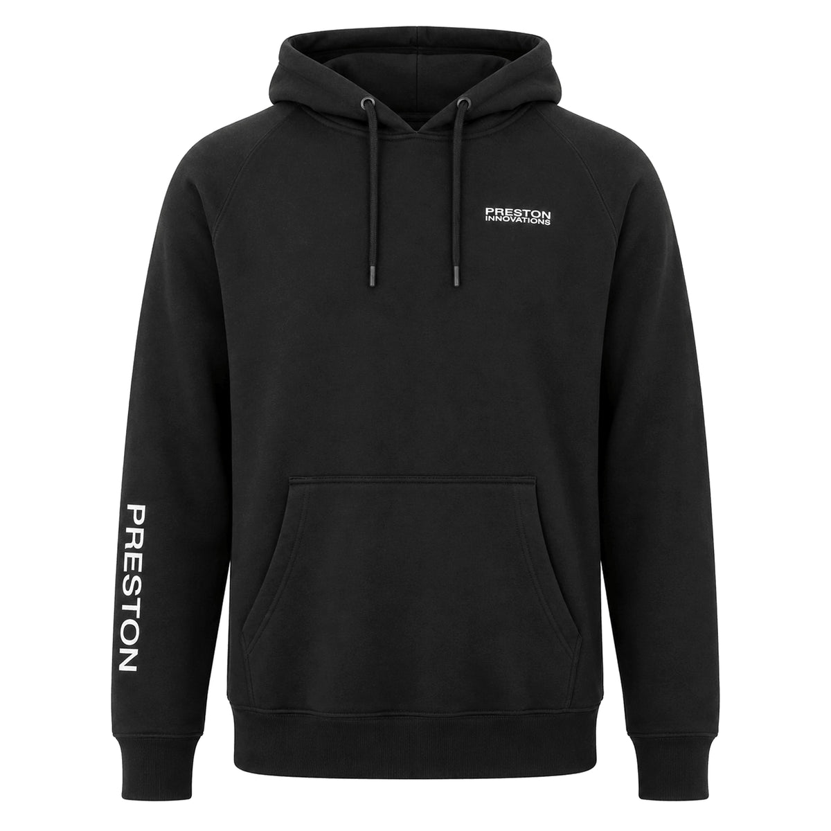 Voorkant van de zwarte Preston Black French Terry Hoodie met kangoeroezak, trekkoorden en Preston-logo op borst en mouw