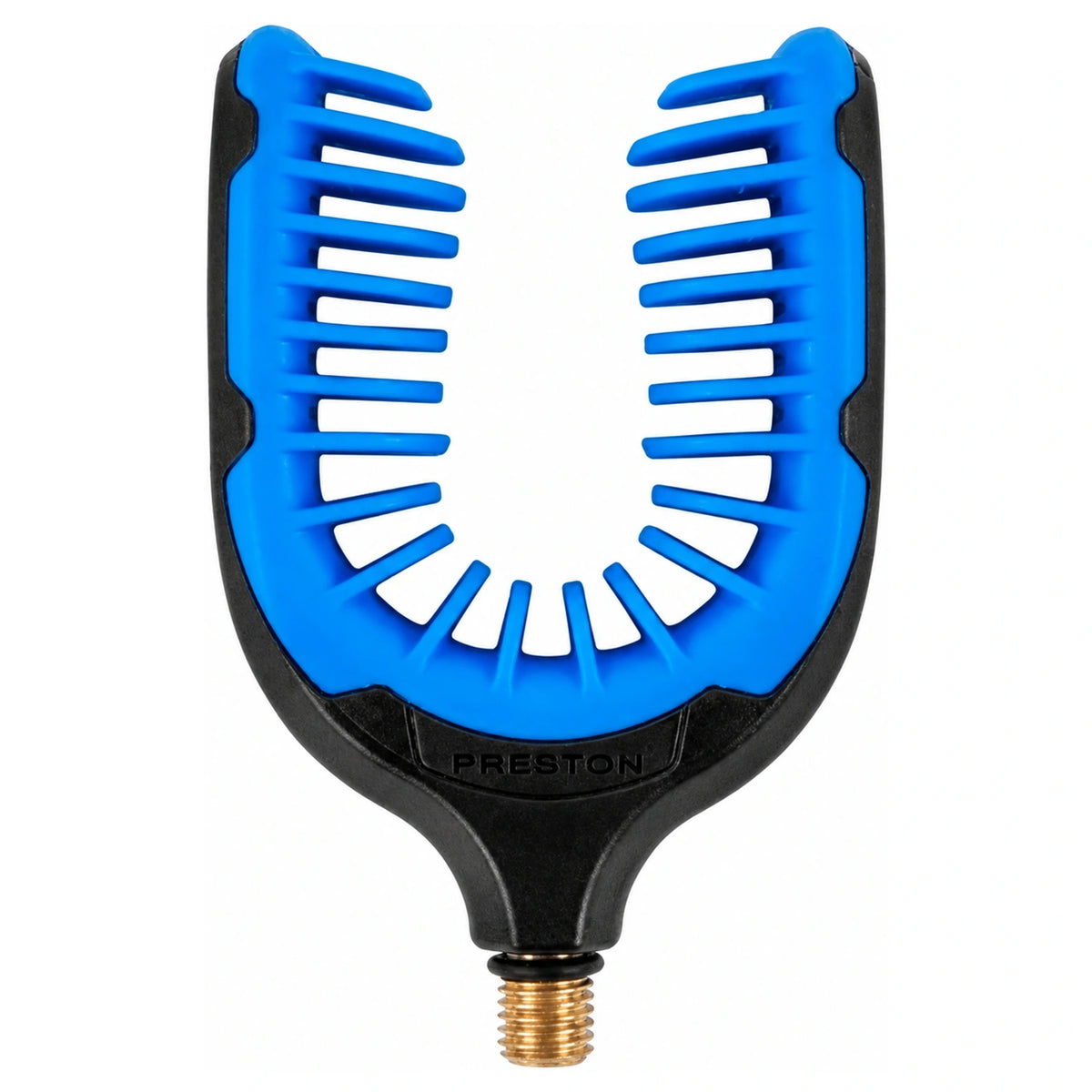 Preston Butt Gripper Rest zwarte hengelsteun met blauwe gripvingers en messing schroefdraad