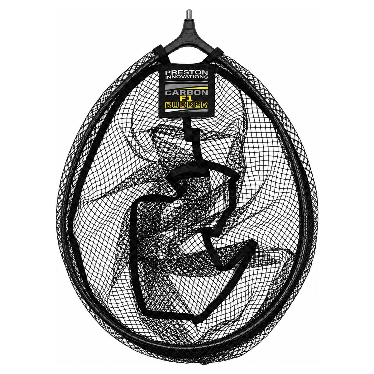 Preston Carbon F1 Latex Landing Net met carbon frame, zwart latexgaas en centraal productlabel