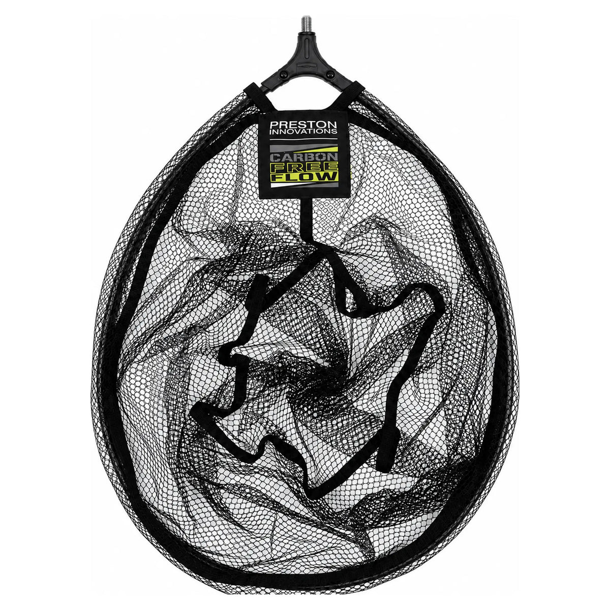 Preston Carbon Free Flow Landing Net van voren met zwart net, spreidblok, schroefdraad en Carbon Free Flow-etiket