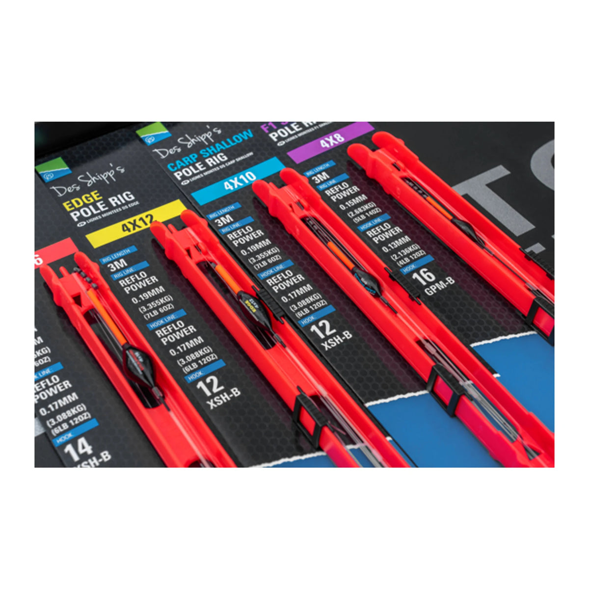 Overzicht van Preston pole rigs met Carp Shallow 4x10 en andere modellen op rode tuigenhouders