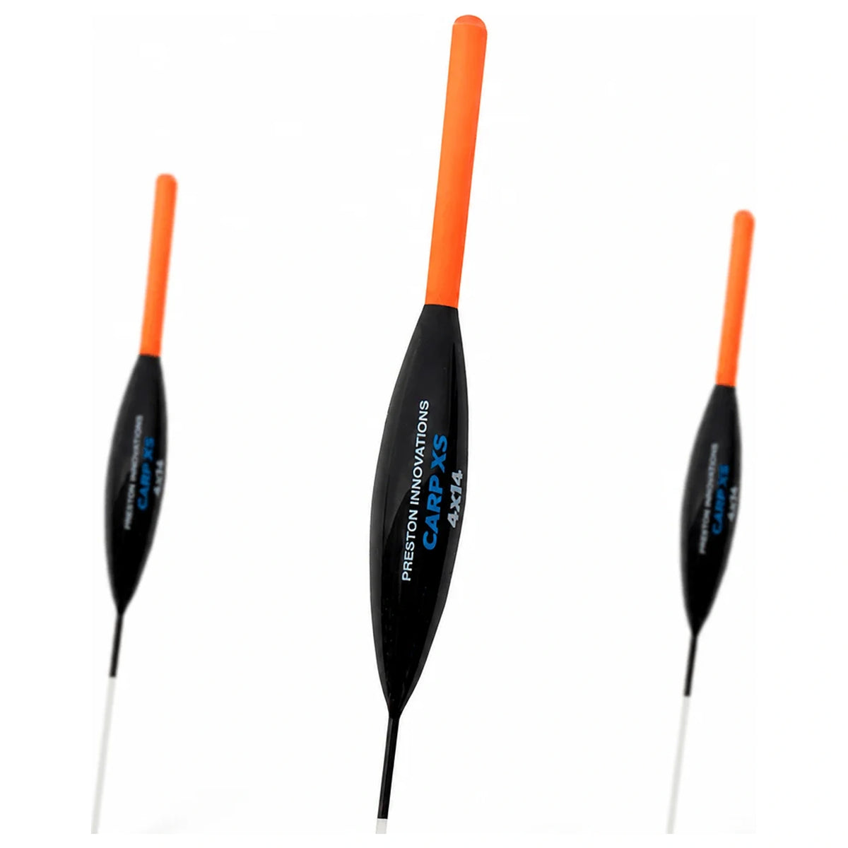 Drie Preston Carp XS dobbers met zwarte lichamen en oranje antennes