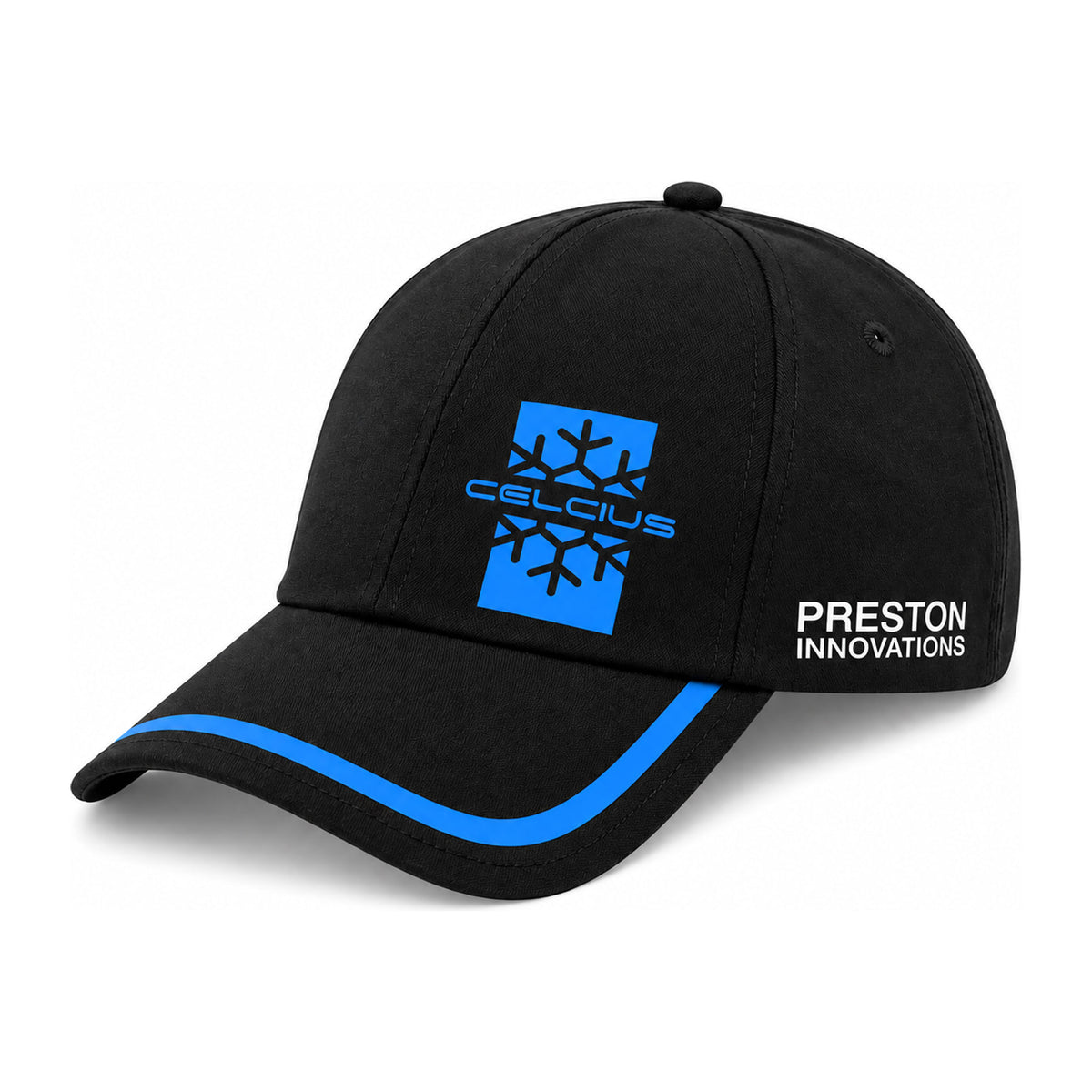 Preston Celcius Cap: zwarte pet met blauw sneeuwvloklogo en blauwe bies op de klep