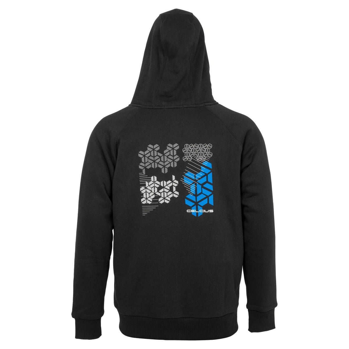 Preston Celsius Hoodie – achterzijde met origineel grijs, wit en blauw CELCIUS-sneeuwvlokmotief