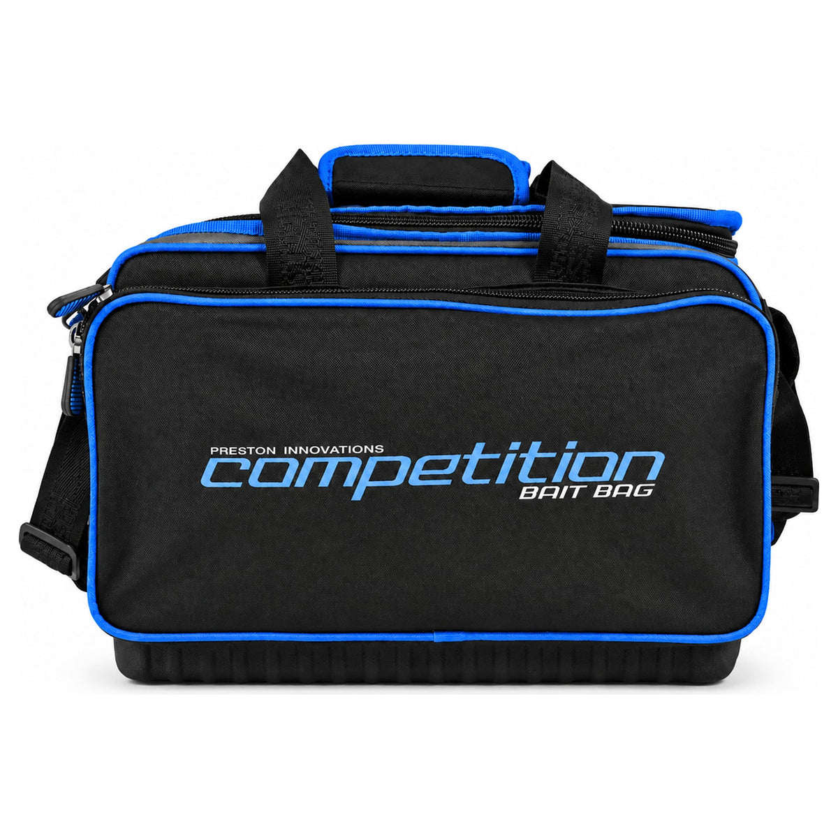 Preston Competition Bait Bag, zwarte aastas met blauwe randen, handgrepen en schouderriem