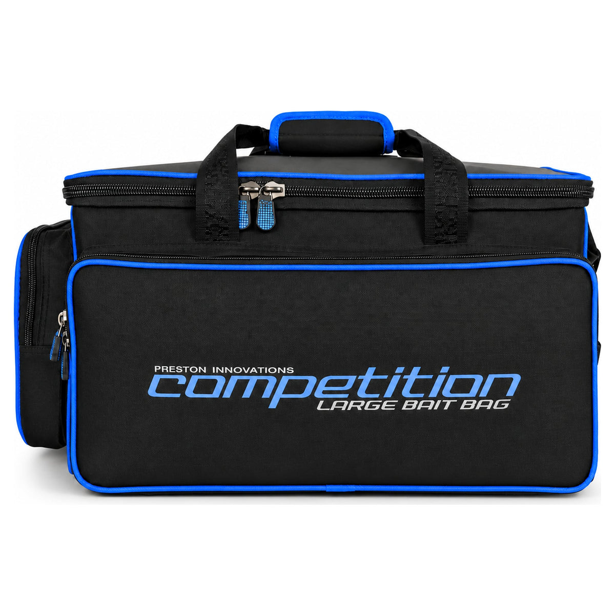 Preston Competition Large Bait Bag, zwarte aastas met blauwe randen, voorvak en zijvak