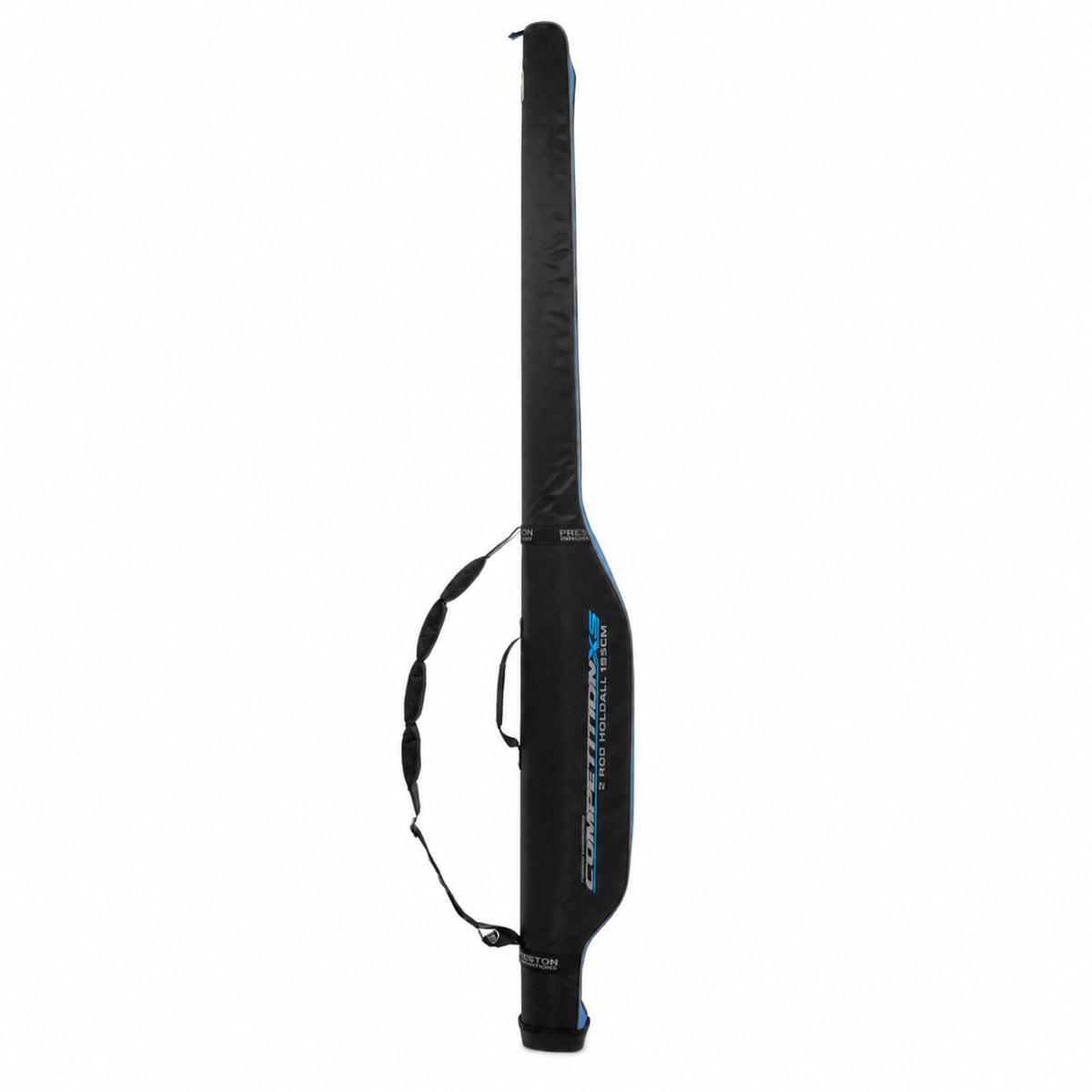Preston Competition XS 2 Rod Holdall 195cm – lang zwart foedraal met blauwe afwerking en schouderriem op witte achtergrond