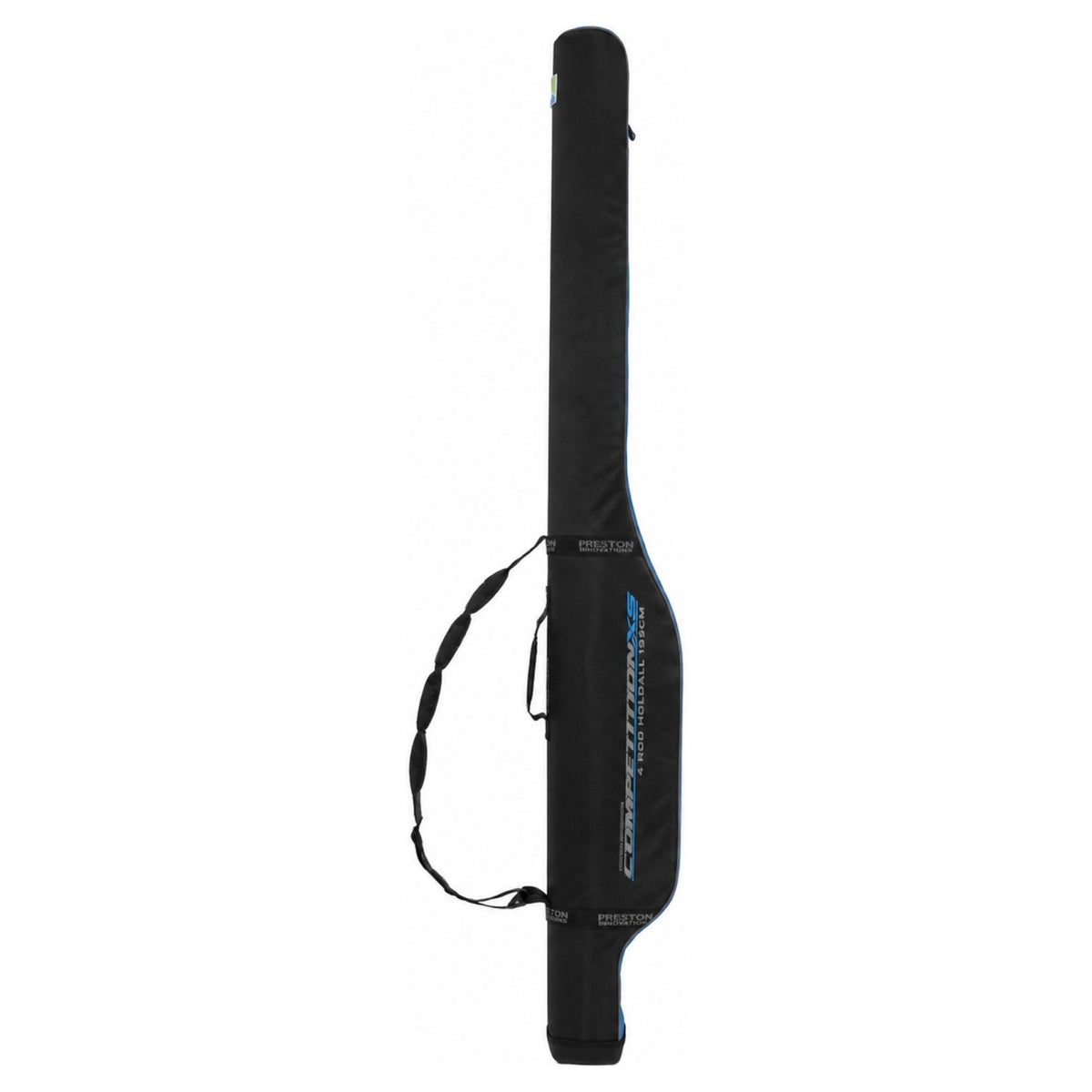 Preston Competition XS 4 Rod Holdall 195cm – lang zwart foedraal voor vier hengels met schouderriem op witte achtergrond