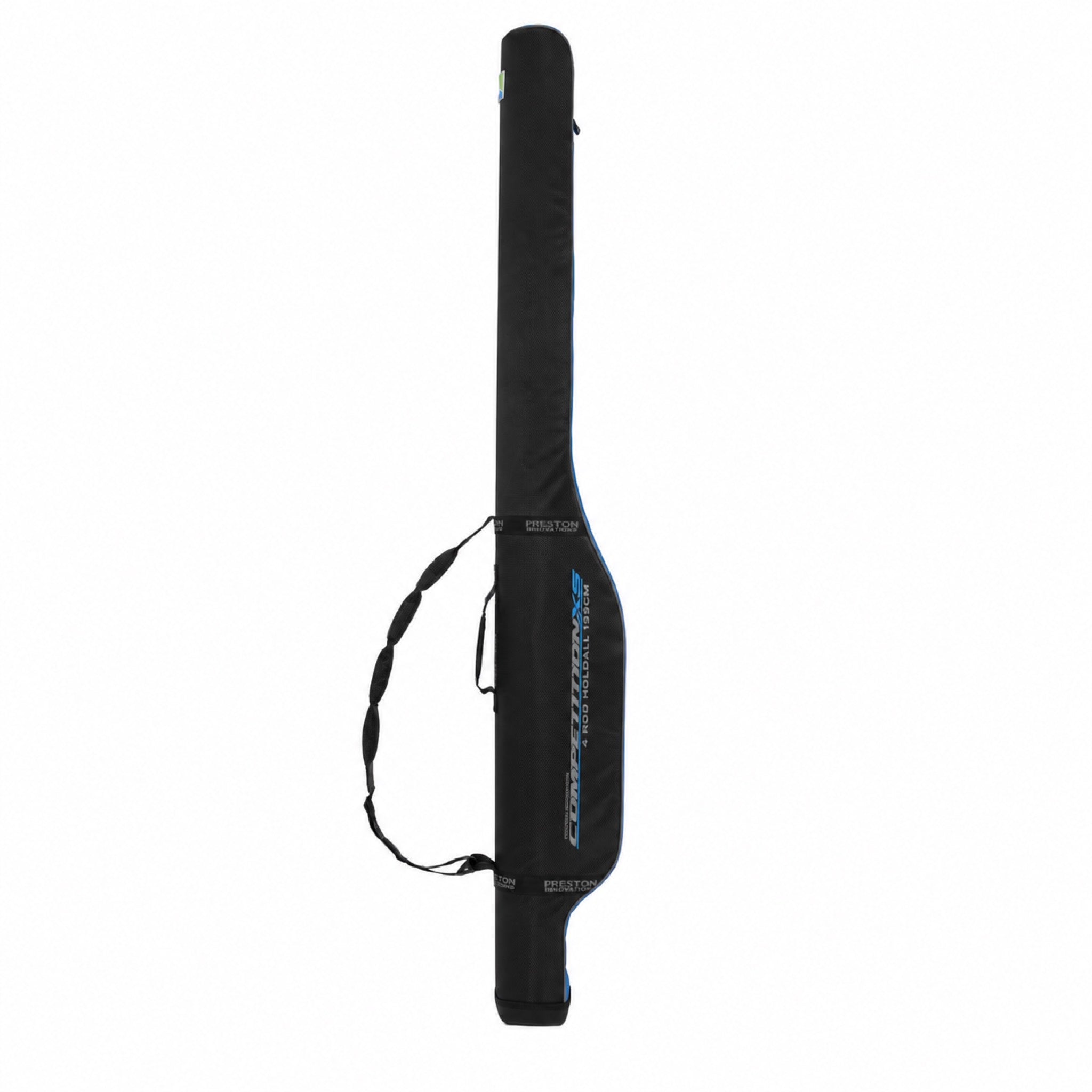 Preston Competition XS 4 Rod Holdall 195cm – lang zwart foedraal voor vier hengels met schouderriem op witte achtergrond