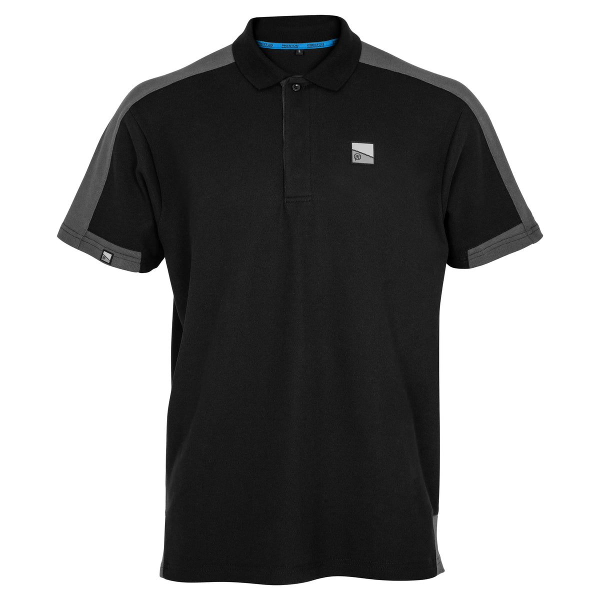 Preston Core Collection Polo Black – voorzijde met grijze raglanpanelen en originele Preston-badge