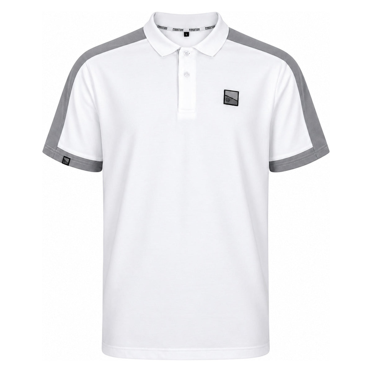 Preston Core Collection Polo White – voorzijde van witte polo met grijze schouderstroken, mouwboorden en borstbadge