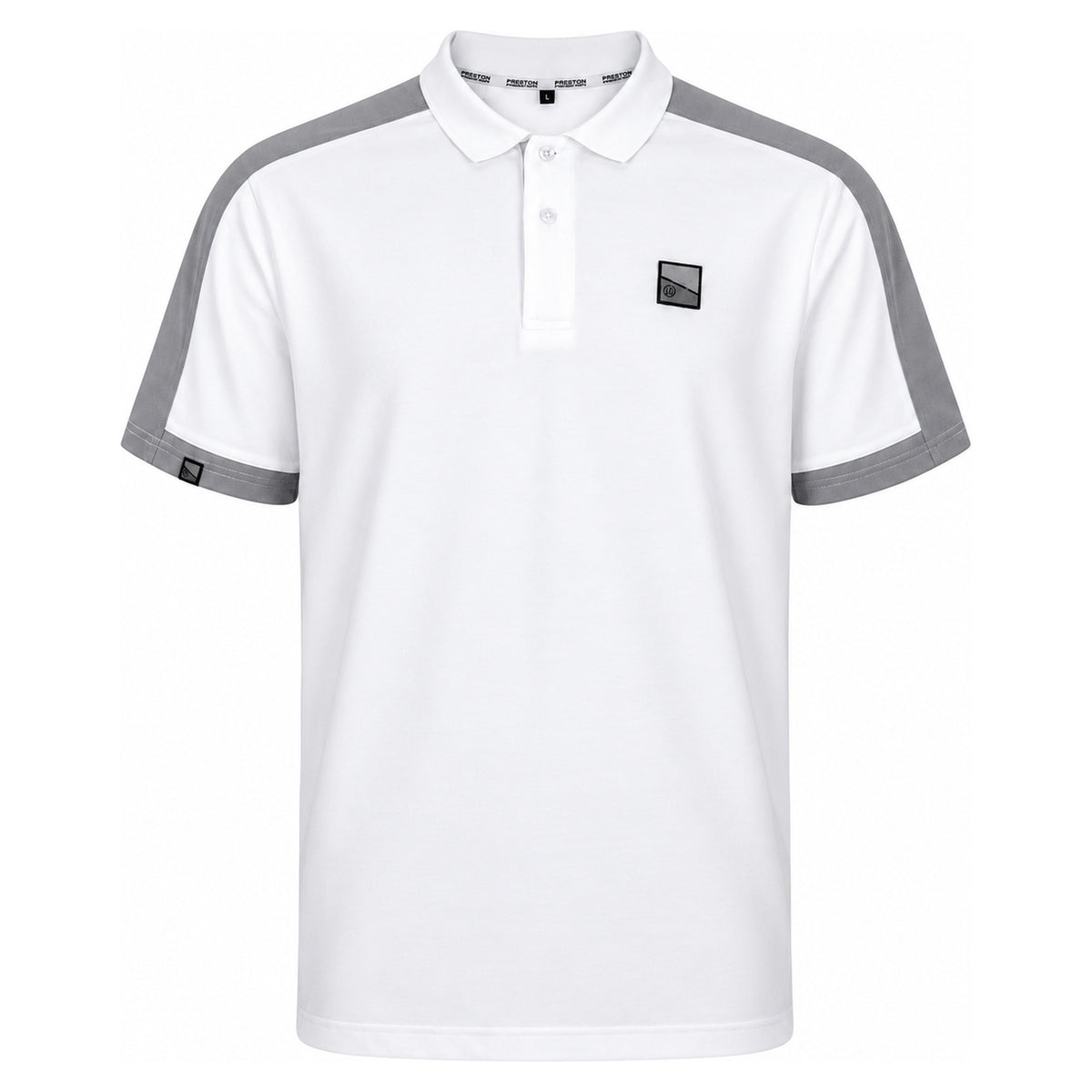 Preston Core Collection Polo White – voorzijde van witte polo met grijze schouderstroken, mouwboorden en borstbadge
