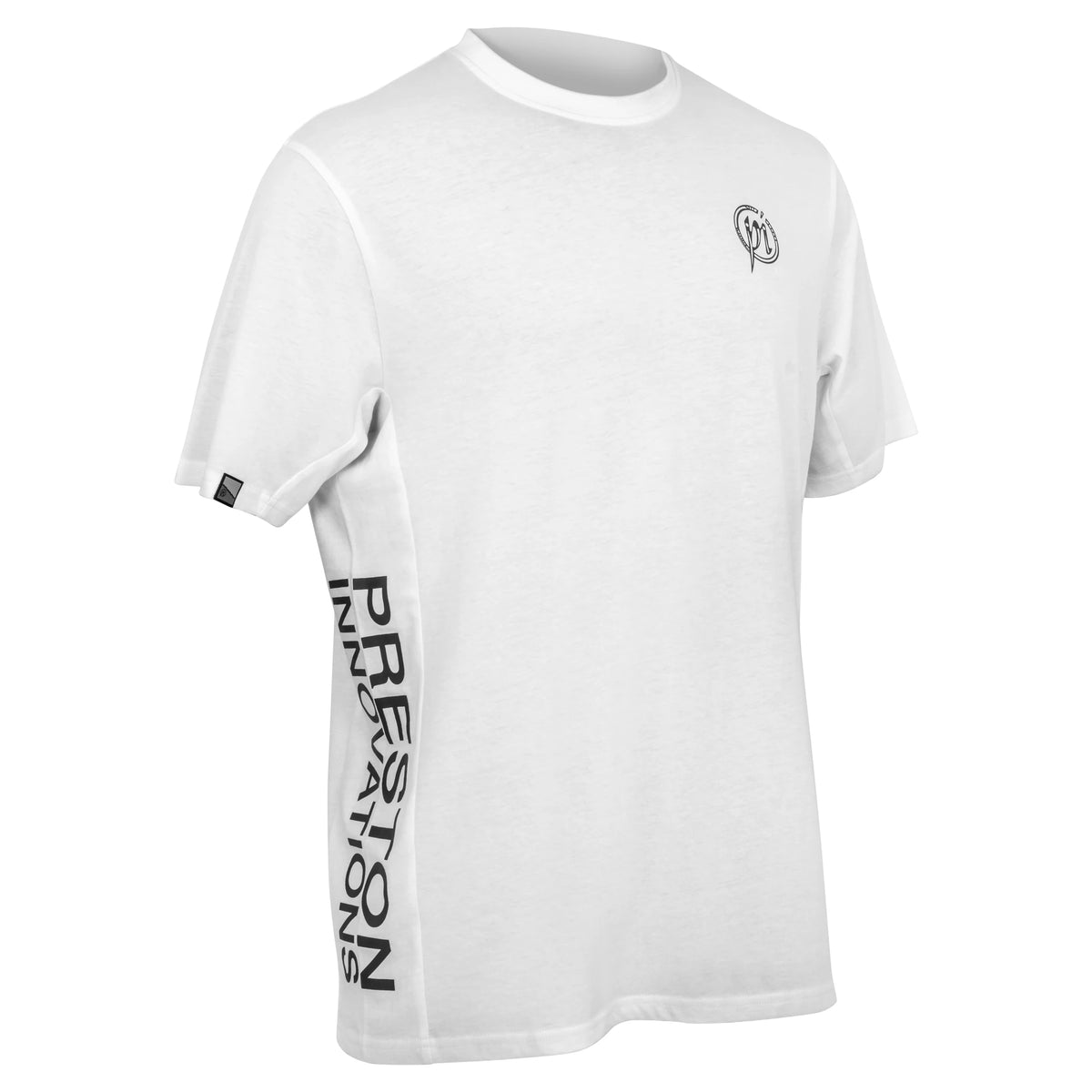 Preston Core Collection T-shirt White – driekwartaanzicht met verticale Preston-opdruk