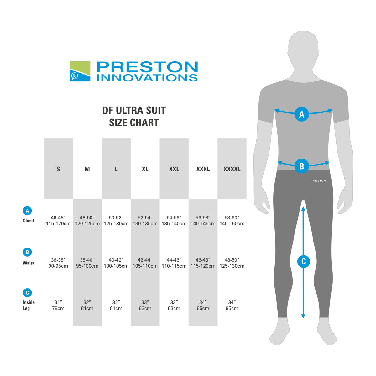 Preston DF Ultra Suit – officiële DF Ultra Suit-maattabel met oorspronkelijke meetwaarden