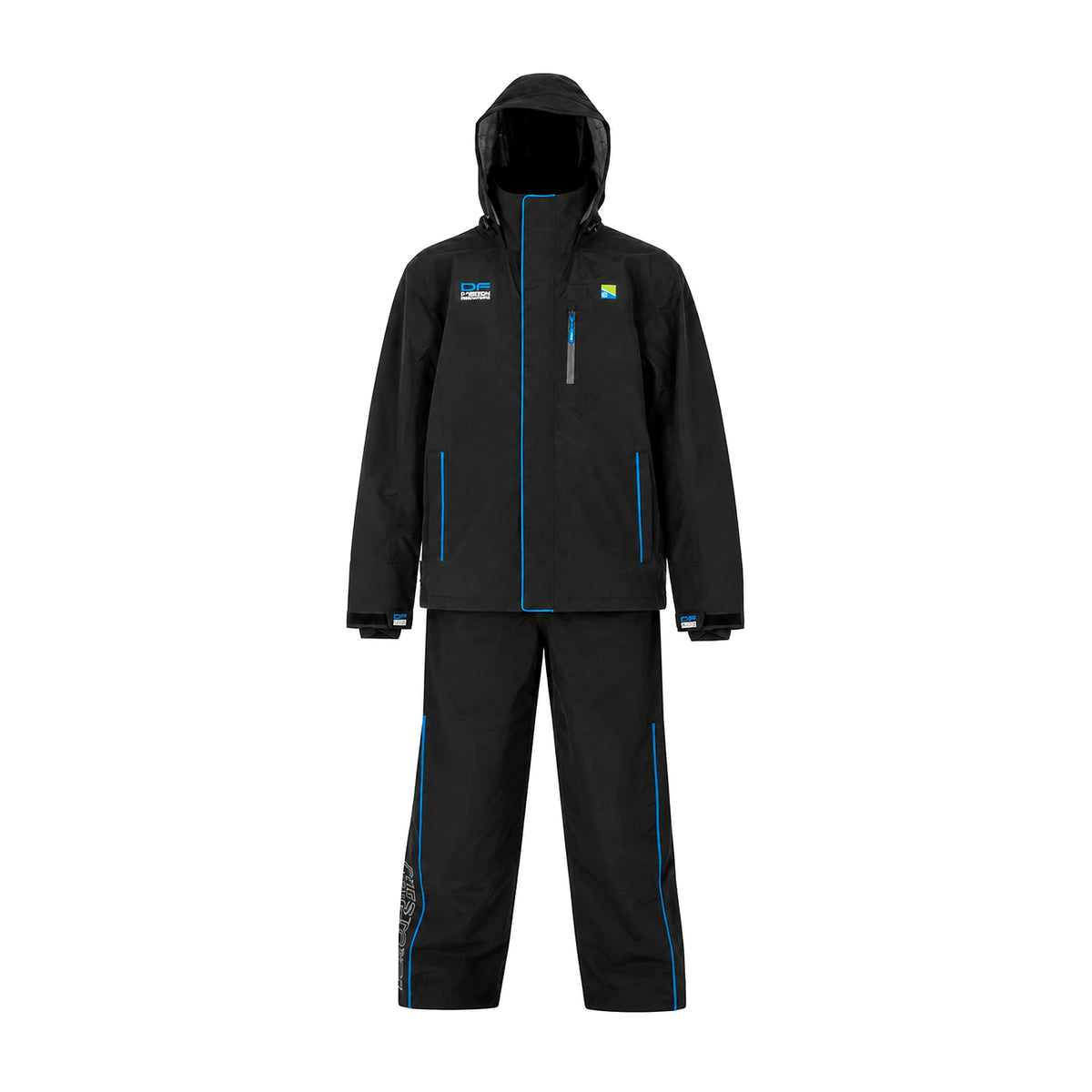 Preston DFH Suit – volledig zwart regenpak met capuchon en blauwe accenten, vooraanzicht