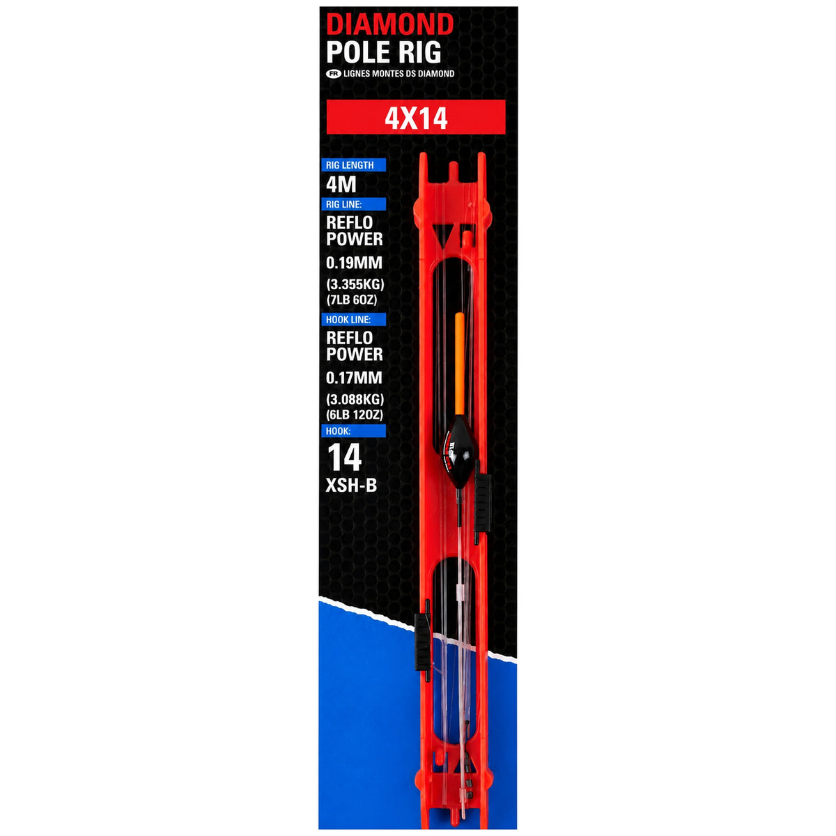 Preston Diamond Pole Rig 4x14 op zwarte kaart met rode wikkelhouder, oranje dobberantenne en haakmaat 14.