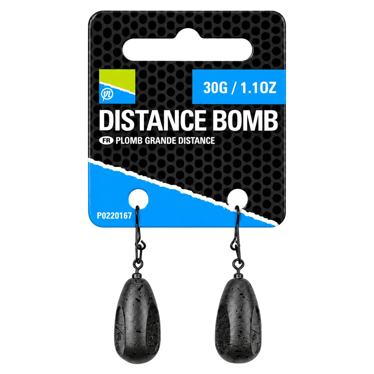 Preston Distance Bomb Leads 30 g – verpakking P0220167 met twee afgebeelde afstandsfeederloodjes