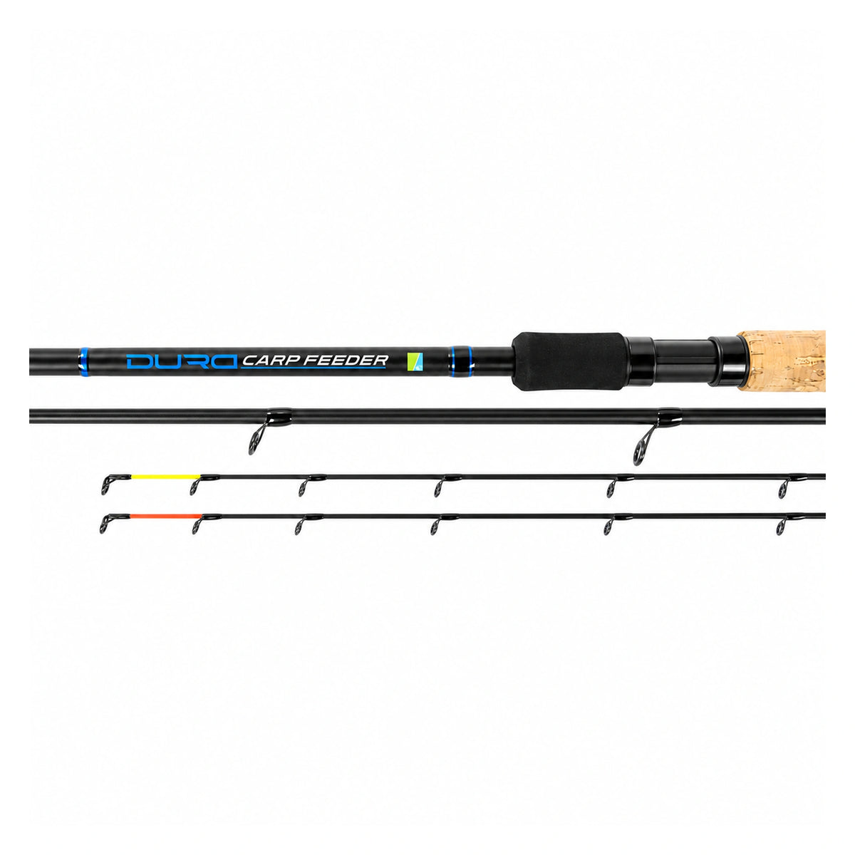 Preston Dura Carp Feeder 11ft 3,35m – detail van blank, handgreep en twee feedertoppen