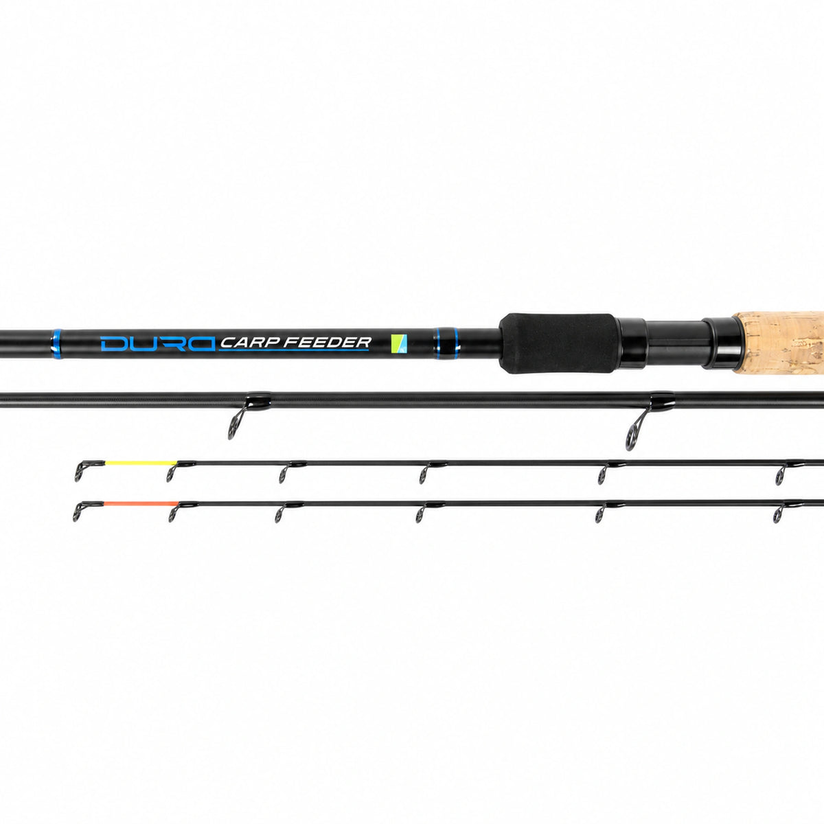 Preston Dura Carp Feeder 11ft 3,35m – detail van blank, handgreep en twee feedertoppen