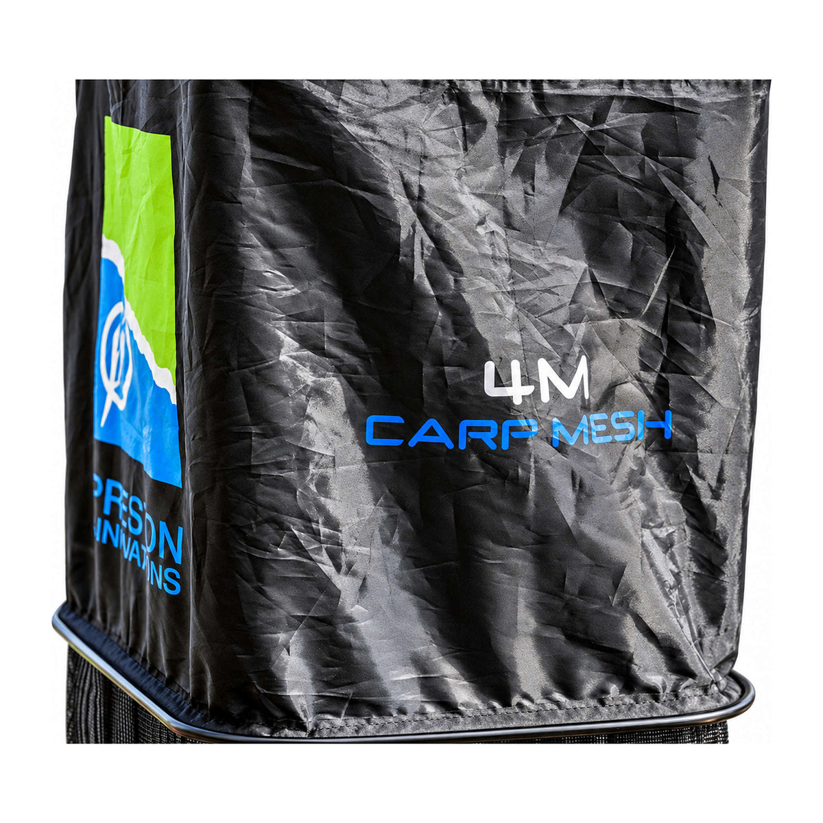 Preston Dura Keepnets 4 m Carp Mesh – leefnet met witte maataanduiding en blauwe uitvoeringstekst