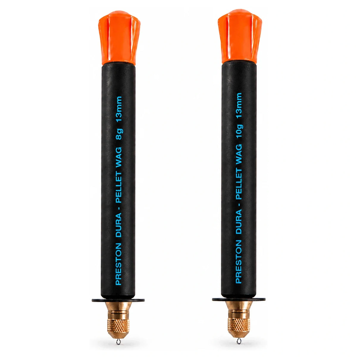 Preston Dura Pellet Waggler 13 mm, twee zwarte dobbers met oranje toppen en opdruk 8 g en 10 g
