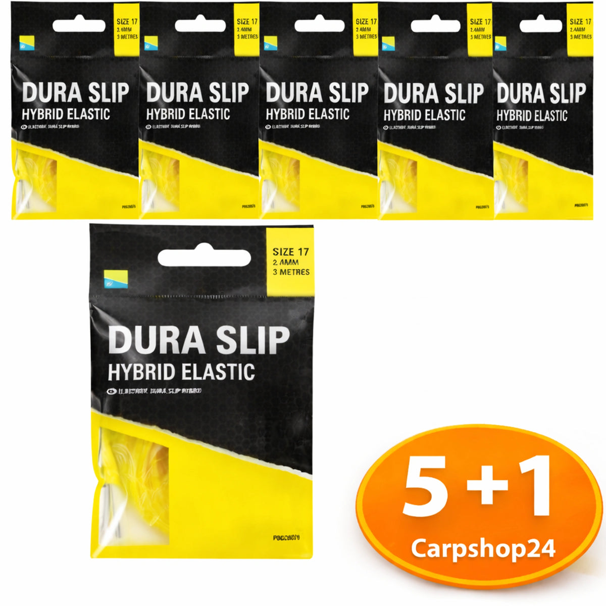 Zes verpakkingen Preston Dura Slip Hybrid Elastic geel, Size 17, bij de 5+1-pakketdeal