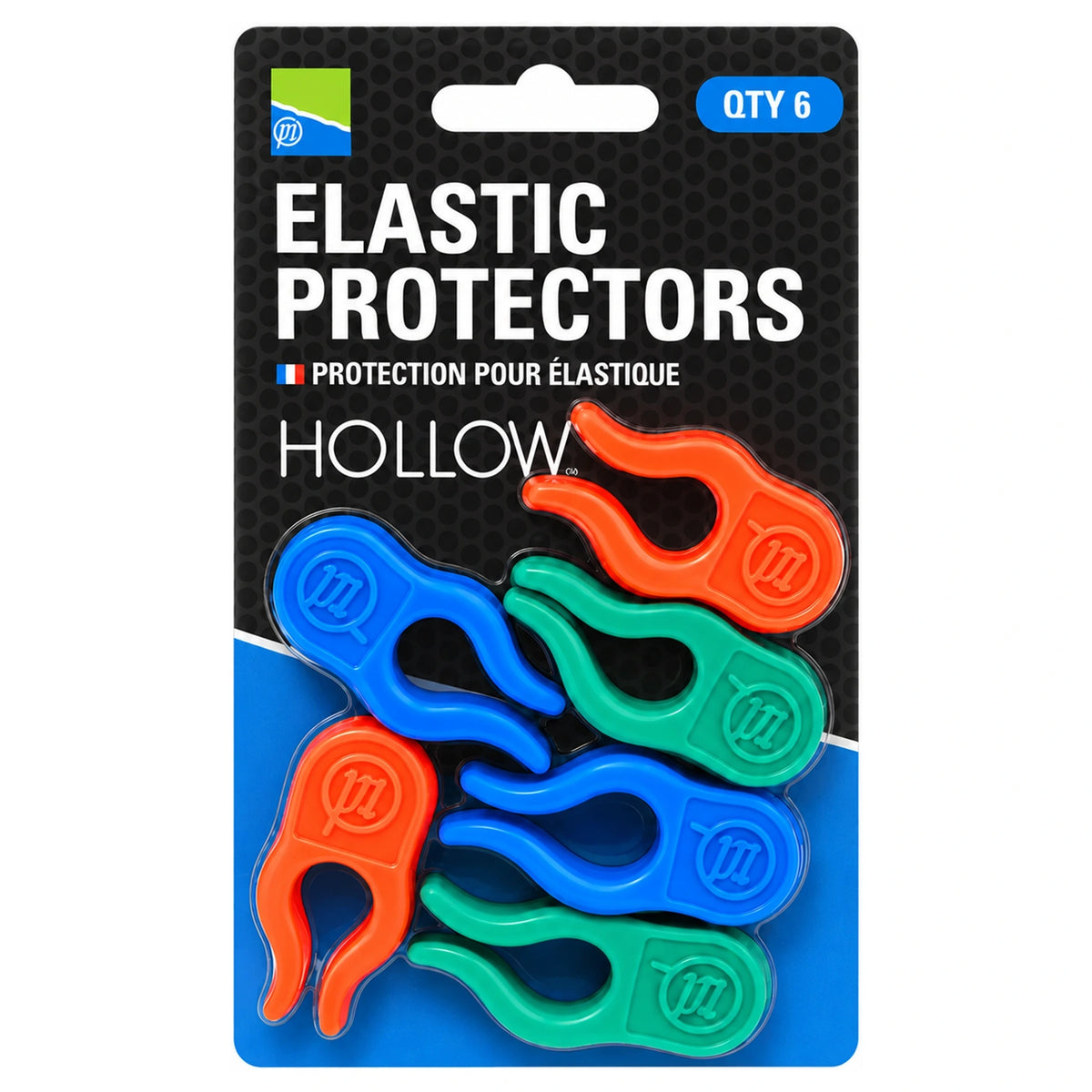 Preston Hollow Elastic Protectors, verpakking met zes blauwe, groene en oranje elastiekbeschermers