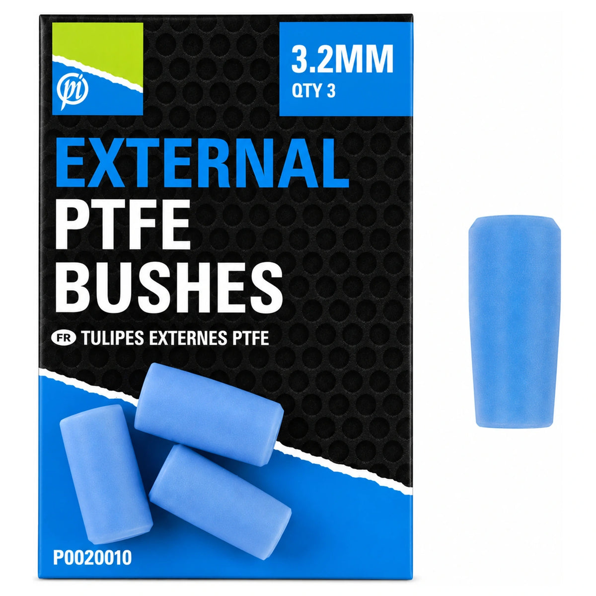Preston External PTFE Bushes 3.2 mm, zwarte verpakking links en vergrote blauwe externe bus rechts