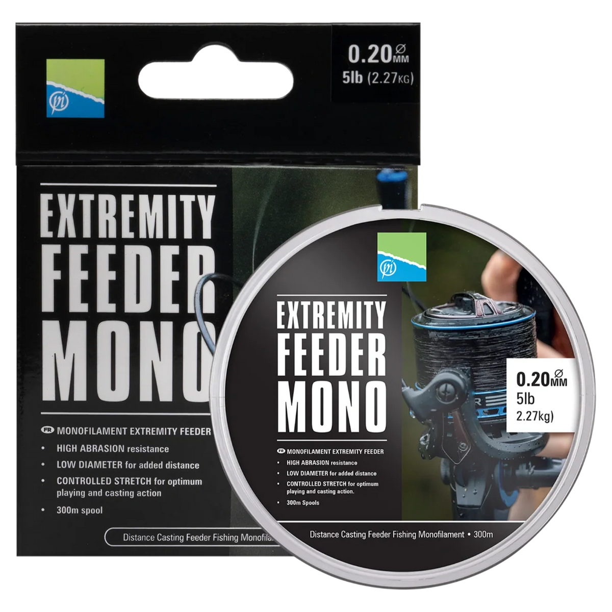 Preston Extremity Feeder Mono 300 m – verpakking en spoel van 0,20 mm feederlijn