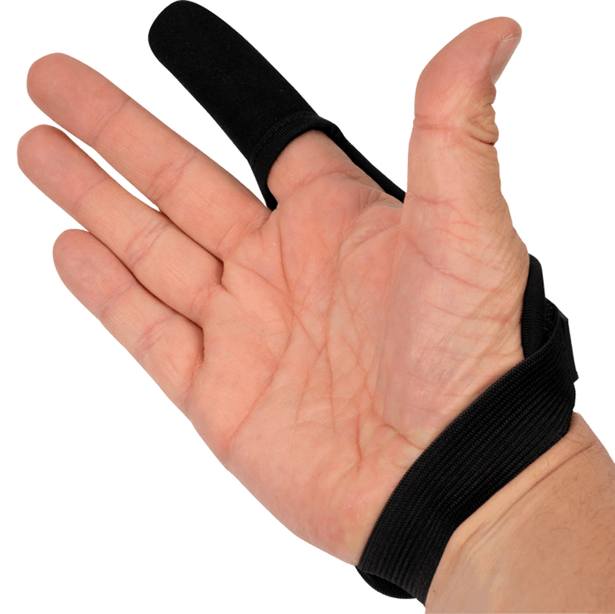 Preston Extremity Finger Stall vanaf de handpalmzijde, met zwarte vingerbescherming en brede polsband