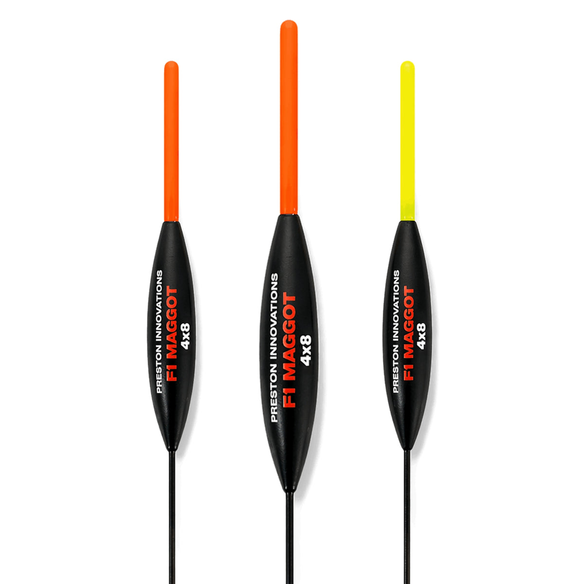 Preston F1 Maggot 4x8 dobbers met rode en gele antenne; drie dobbers op witte achtergrond