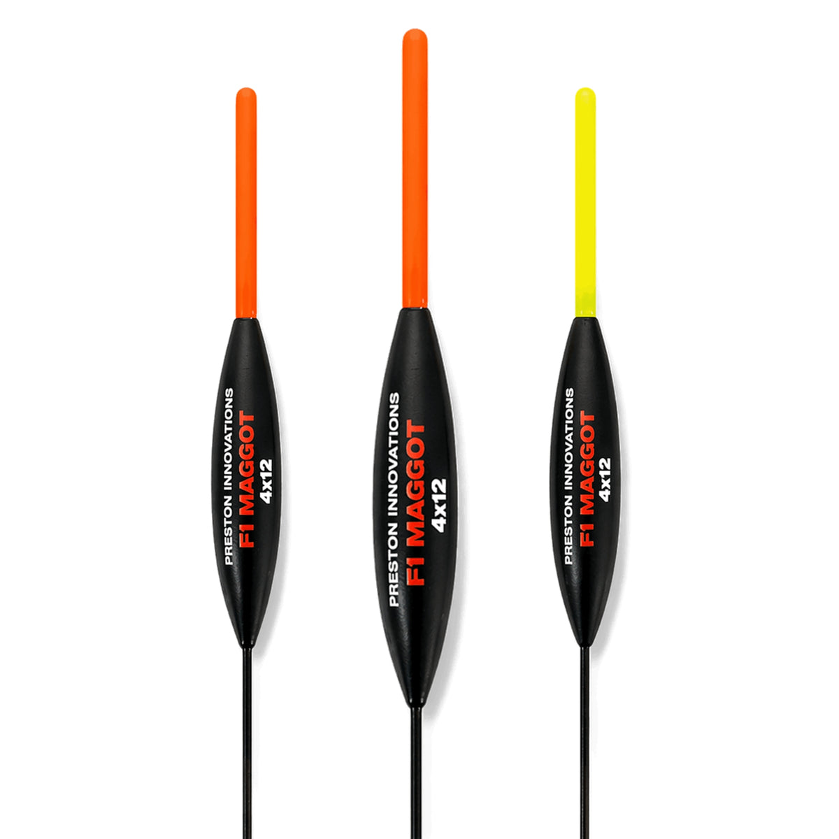 Preston F1 Maggot dobbers met rode en gele antenne; drie dobbers met leesbare 4x12-opdruk