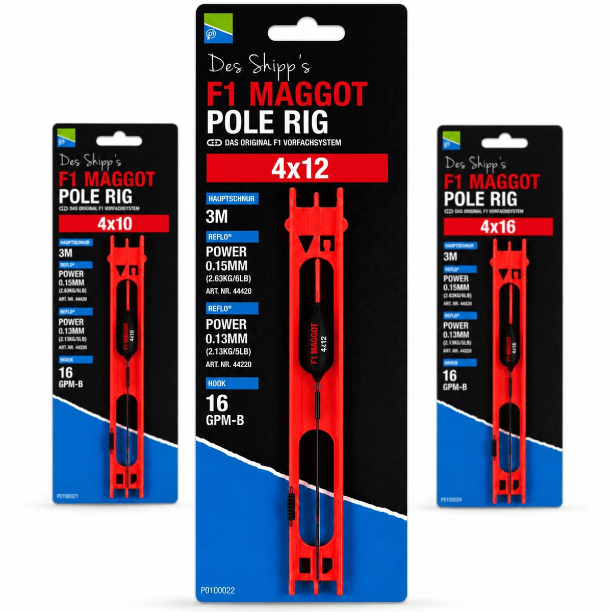 Preston F1 Maggot Pole Rigs overzicht van 4x10, 4x12 en 4x16