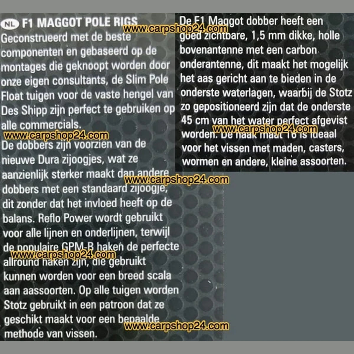 Preston F1 Maggot Pole Rigs Nederlandstalige productinformatie met Carpshop24-watermerk