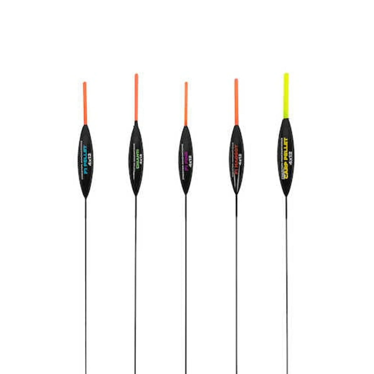 Vijf Preston F1 Pellet Pole Float dobbers met verschillende gekleurde antennes