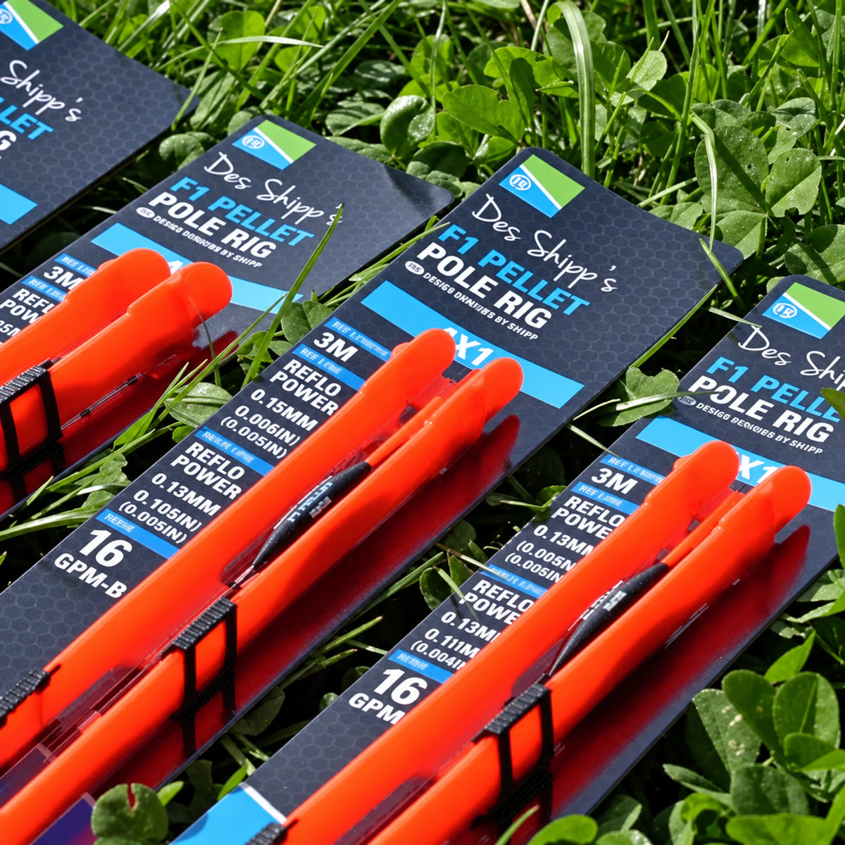 Preston Des Shipp F1 Pellet Pole Rigs – verpakte kant-en-klare tuigen op gras