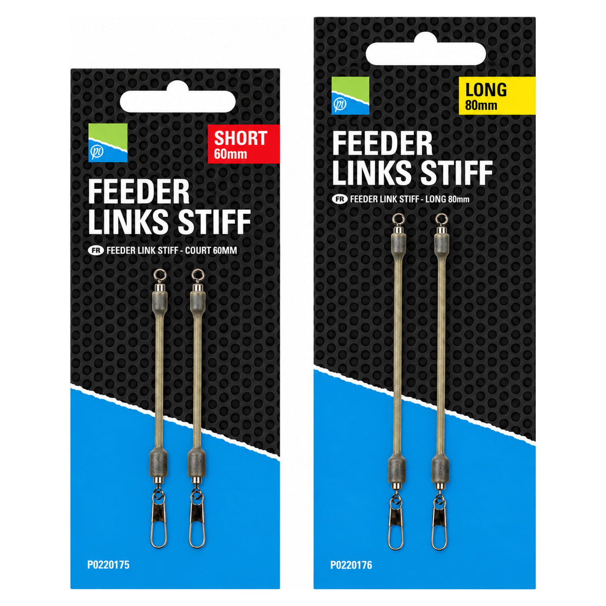 Preston Feeder Links Stiff: Short 60mm en Long 80mm naast elkaar, met twee stijve feederlinks per verpakking