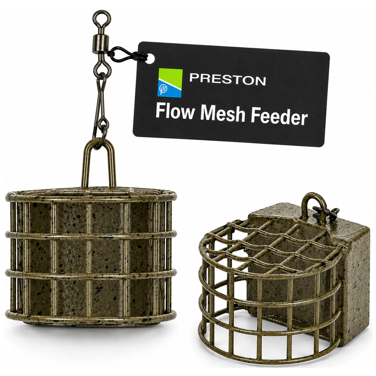 Twee Preston Flow Mesh Feeder voerkorven met wartels en productlabel