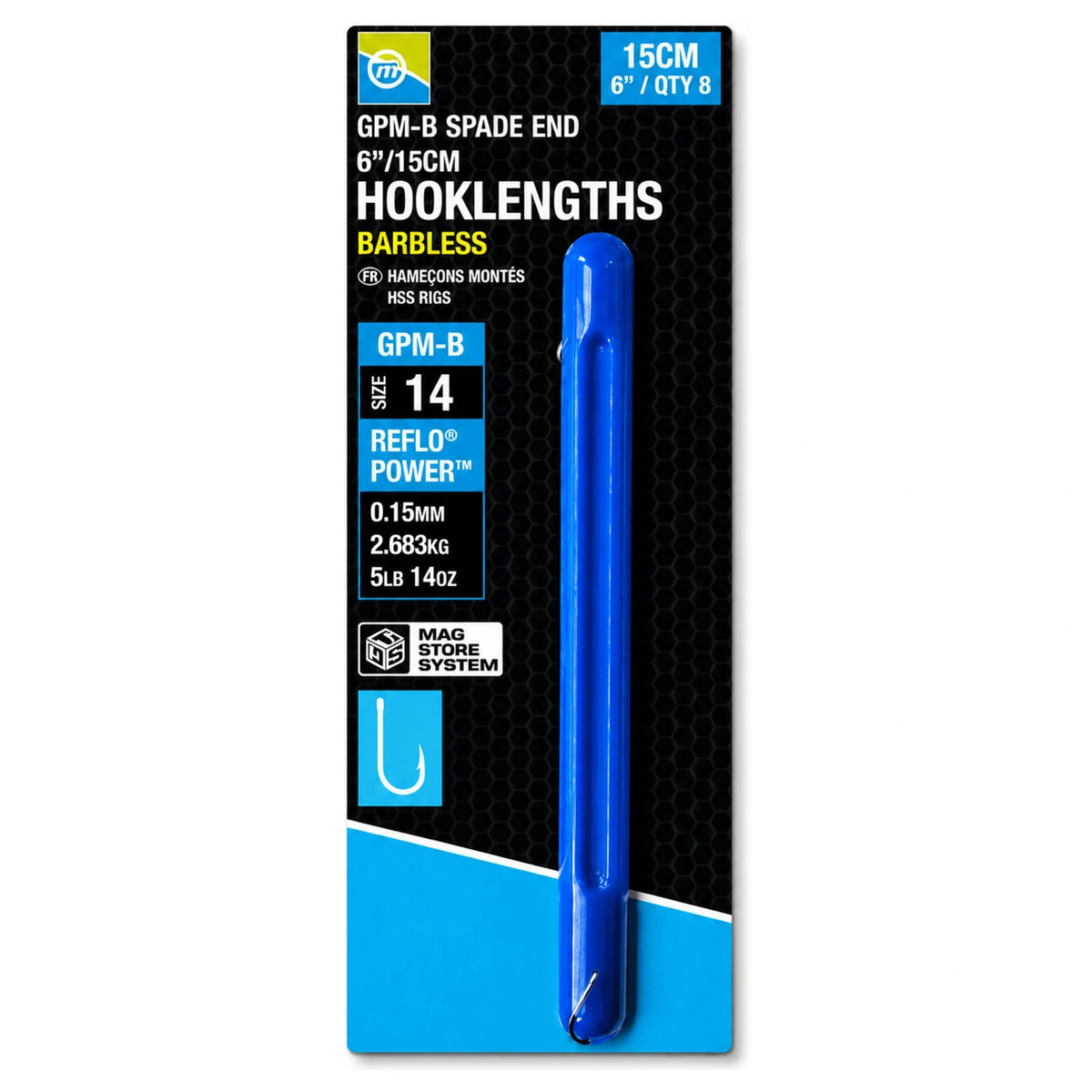 Preston GPM-B Spade End Hooklengths 15 cm maat 14, zwartblauwe verpakking met blauwe onderlijnhouder