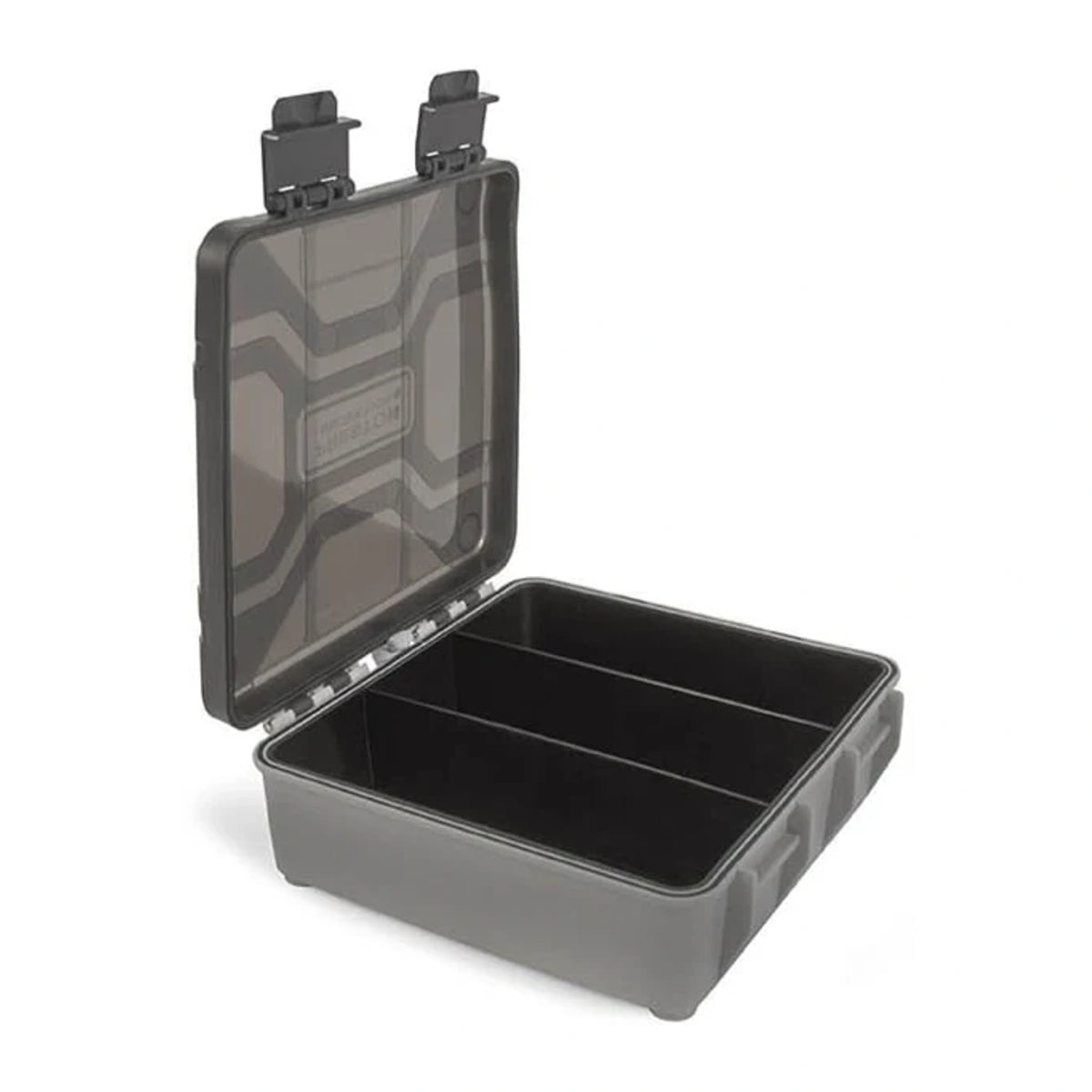 Preston Hardcase Accessory Box met geopend deksel, twee sluitingen en drie vakken
