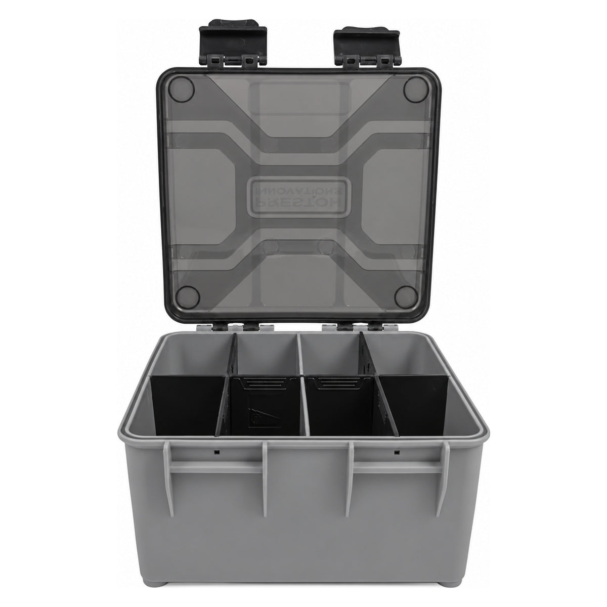 Preston Hardcase Accessory Box XL – geopende accessoiredoos met verdelers, vooraanzicht