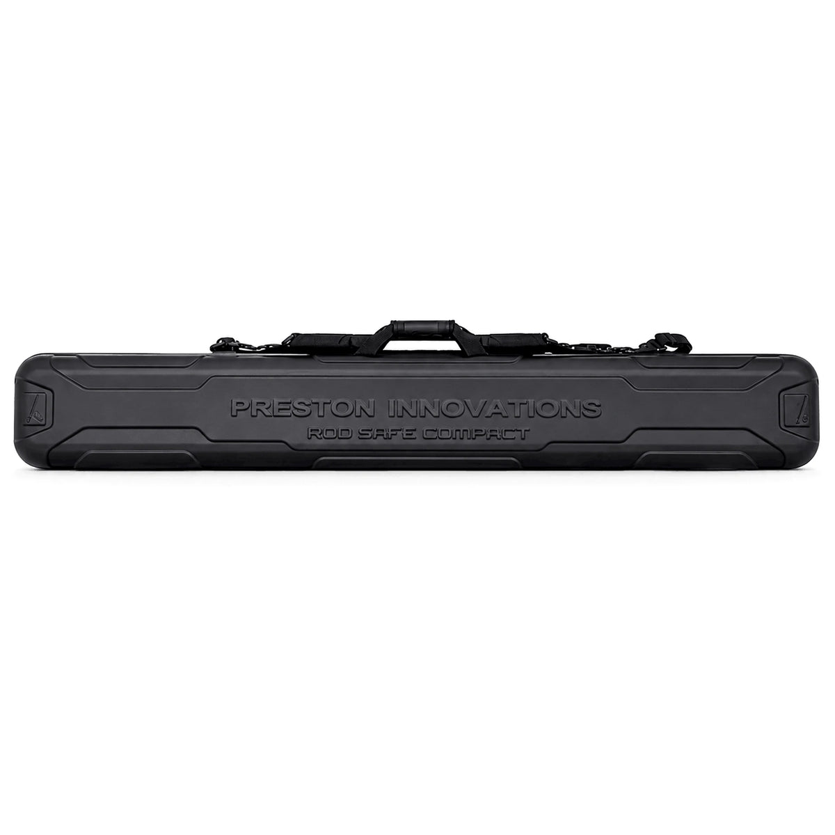 Gesloten Preston Hardcase Rod Safe Compact met draaggreep en verzonken merk- en modelopdruk op de voorkant