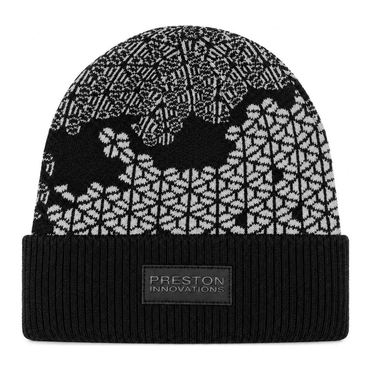 Preston Hex Beanie zwarte gebreide muts met grijs hexpatroon en Preston Innovations-logo