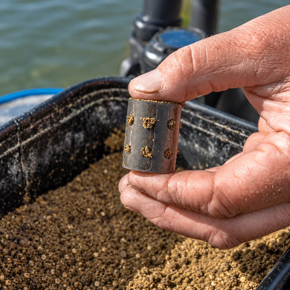 Preston Hexmesh Plastic Open End Feeder – korf met voer in de hand